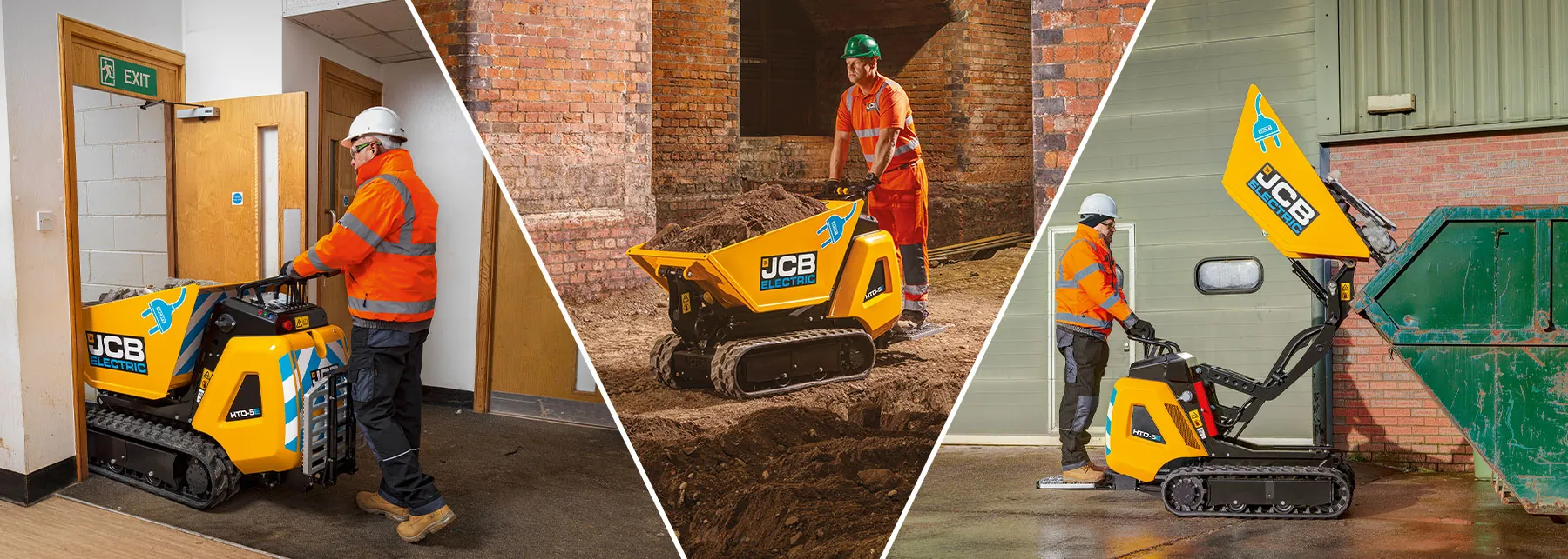 Worker walking dumpster through doorway. Worker riding on dumpster on across dirt job site. Worker dumping JCB Elecric Dumpster bucket into garbage.