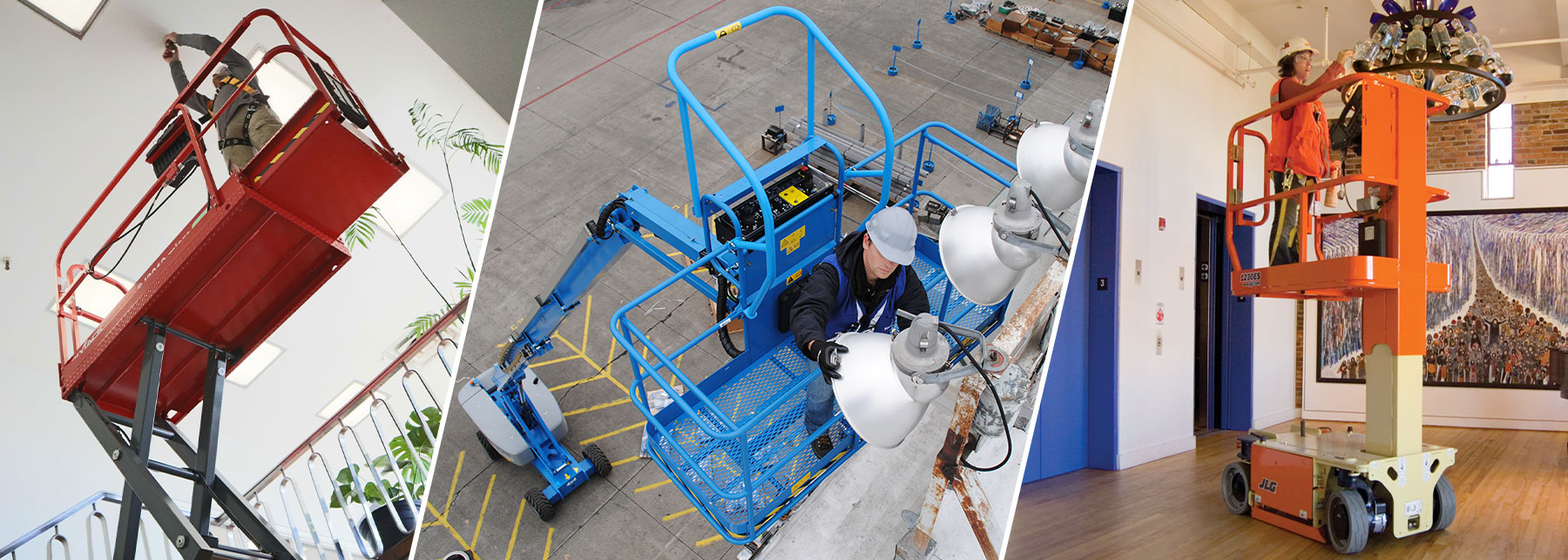Worker repairing ceiling on Skyjack scissor lift. Repairman fixing light in Genie boom lift. Worker operating on light fixture in JLG vertical lift.