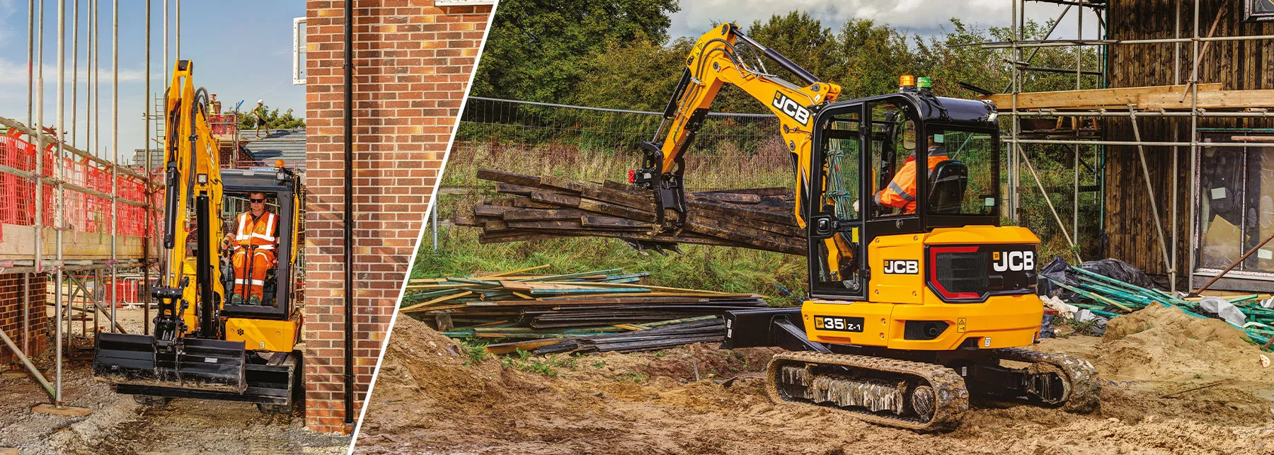JCB 35Z-1 mini excavator navigating through job site.