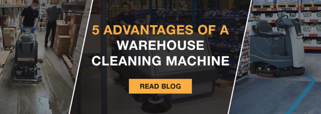 Kodiak, Advance, and Nilfisk scrubbers and sweepers used for warehouse cleaning.
