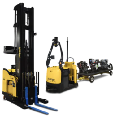 Hyster robotic reach truck and Hyster automated tow tractor.