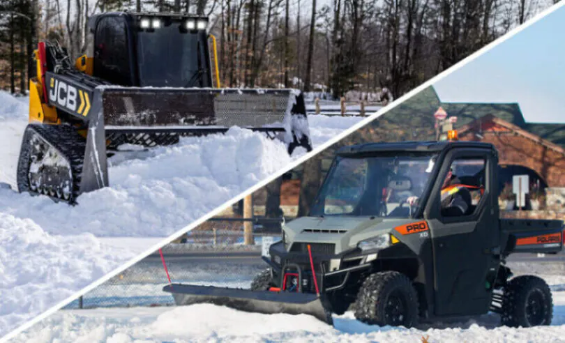 JCB Skid Steer and Pro XD Utility Vehicle plowing snow.