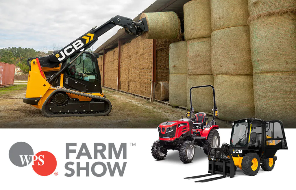 Mahindra 2126 Tractor, JCB 270 Wheeled Skid Steer, JCB 2TS-7T Teleskid lifting hay bale. WPS Farm Show logo.