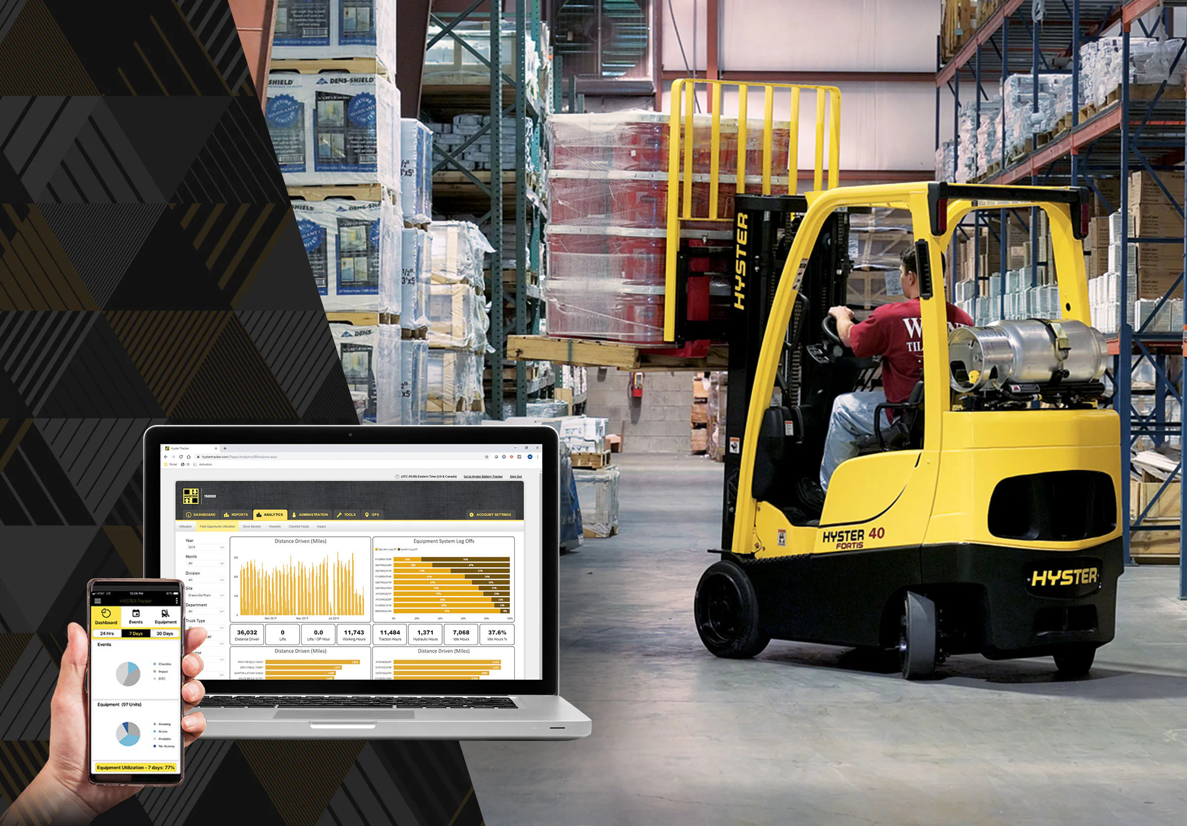Hyster forklift in warehouse, with telematics tracking data visible on nearby computer and phone.