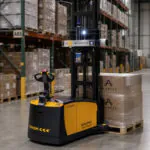 TASK Boa X-Ai autonomous legless stacker transporting pallet in warehouse.
