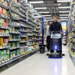 Nilfisk SC550 walk behind scrubber cleaning floors in grocery aisle.