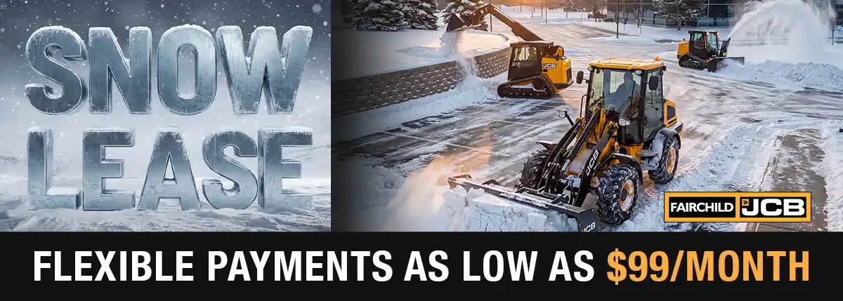JCB Wheel Loader, Skidsteer and Teleskid removing snow. "Snow Lease: Flexible Payments as low as $99/month".