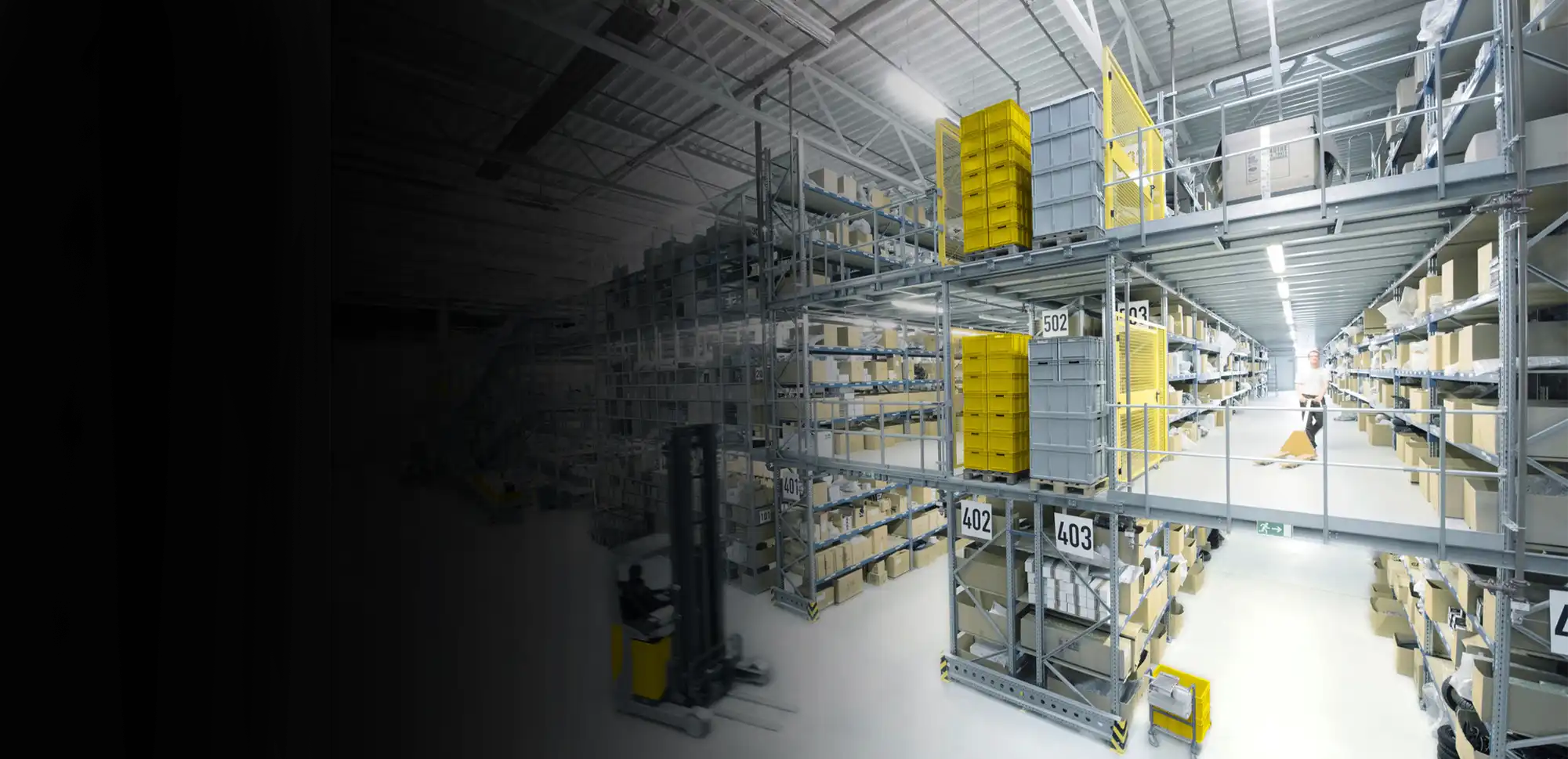 Warehouse with shelving and mezzanines.