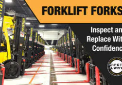 Fleet of Hyster forklifts with forks. "Forklift forks: inspect and replace with confidence."